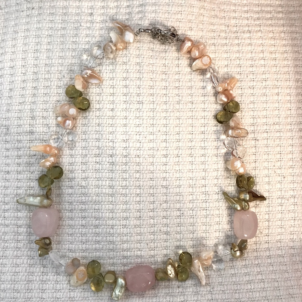 Pink, Green and Cream Colored Beaded Necklace
